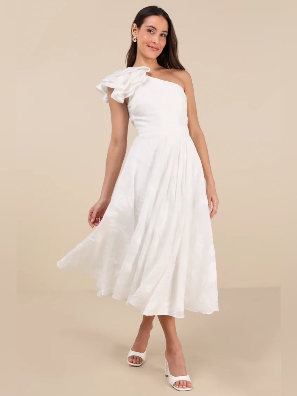 Lulus Sweet Definition White Burnout Ruffled One-Shoulder Midi Dress Size S NWT